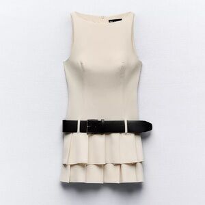 Zara Oyster White Belted BOX PLEAT JUMPSUIT DRESS